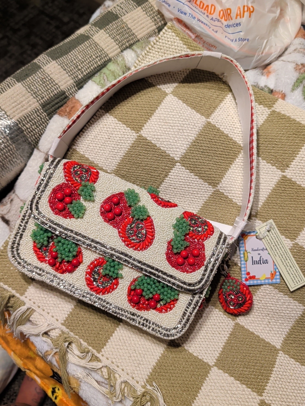 Handcrafted Beaded Shoulder Bag - Red & Green Floral Embellishment Tomato NWT